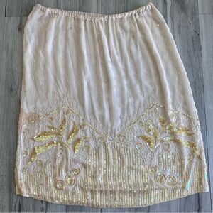 Vintage 100% SILK MIDI SKIRT Size M Cream SEQUINS BEADING Retro Elastic Swee Lo‎